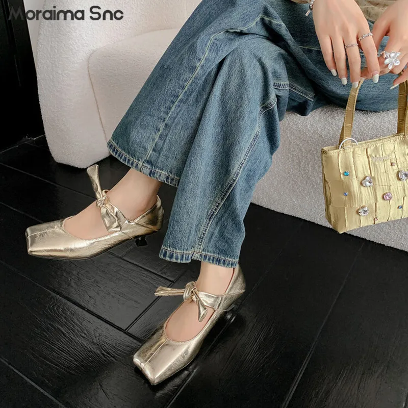 

Sheepskin Bow Mary Jane Shoes Square Toe Shallow Mouth Medium Heel Pumps Gold Silver Retro Fashion Women's Shoes