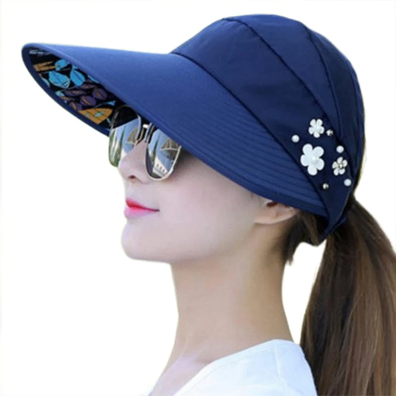 Women Suncreen Hats Wide Brim Sun Hat Adjustable Belts Summer Visors Cap Pearl Flower Decor Leisure Chapeau