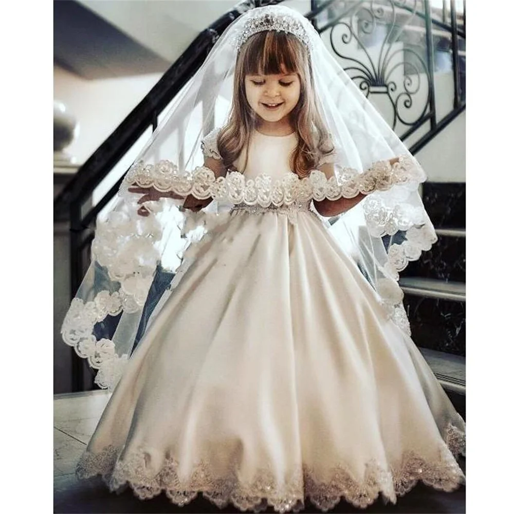 Robe de demoiselle d'honneur à manches longues, en tulle, style bohème, avec nœud en dentelle blanche ivoire, robe de première communion pour filles