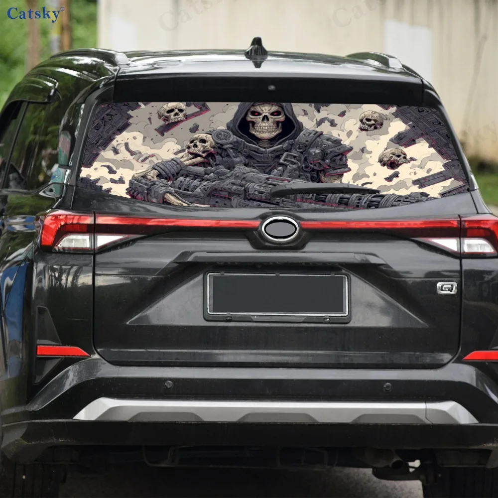 Trendy Sci - Fi Mechanical Skull - أغطية فينيل للسيارة المثقبة من مادة PVC، ملصق متين للزجاج الأمامي الخلفي للسيارة، إعادة إعادة السيارة المقاومة للماء