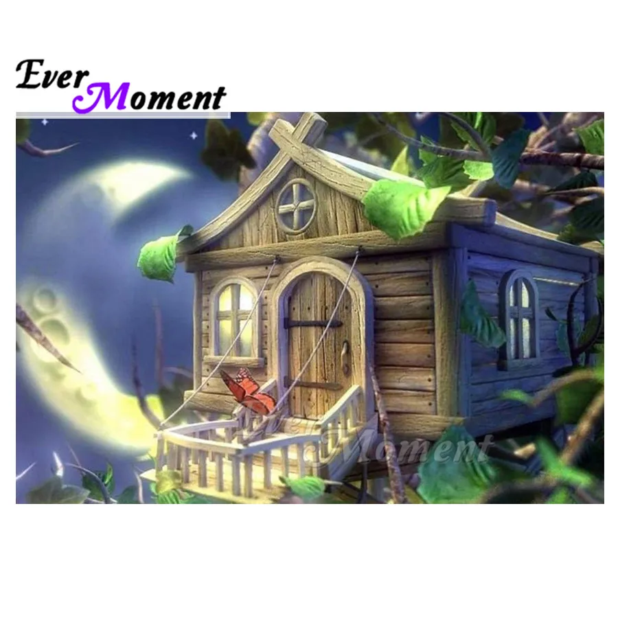 Ever Moment Diamond Painting Handmade House Night Moon Full Square 5D DIY Rhinestone Diamond Embroidery Cross Stitch ASF1906