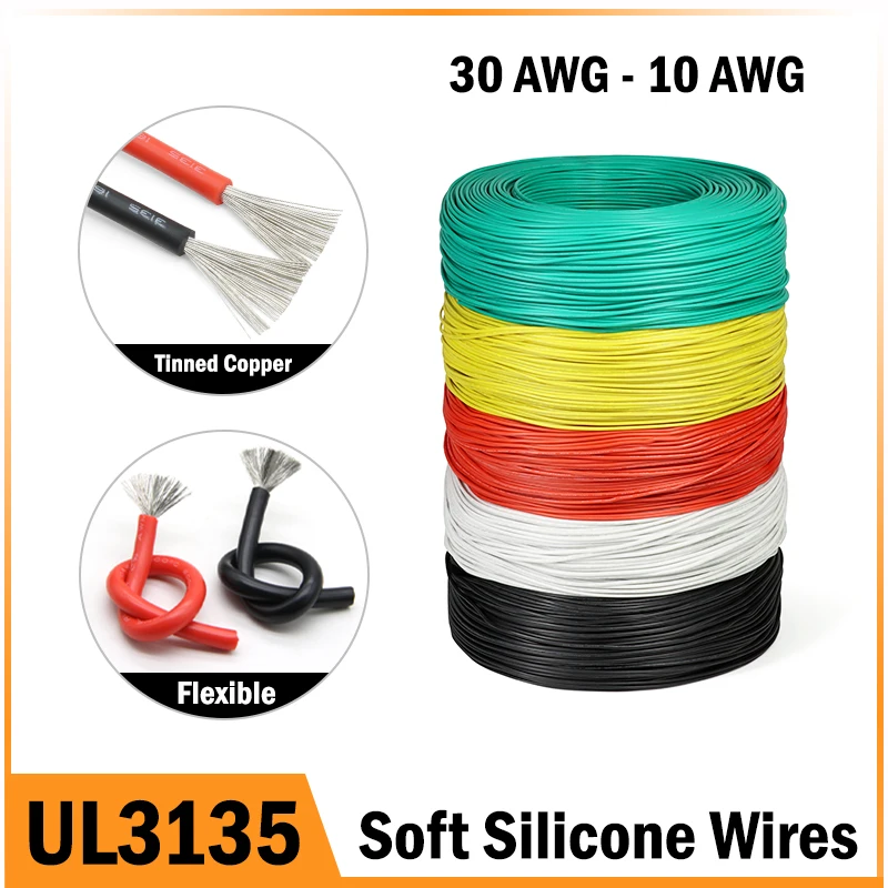 2/5/10m UL3135 Soft Silicone Wire Cable 30 28 26 24 22 20 18 16 14 12 10AWG Heat Resistant Cable Car Battery Tinned Copper Line