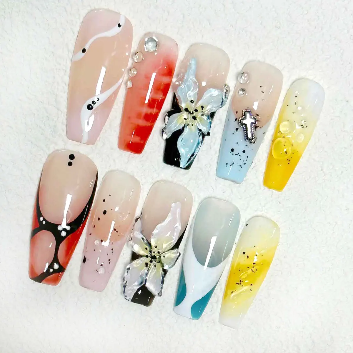 10pcs Handmade Press on Nails Long Coffin-Shaped Nails,Y2K Nails，Dopamine Color French Ombre Three-dimensional Carved Fake Nails