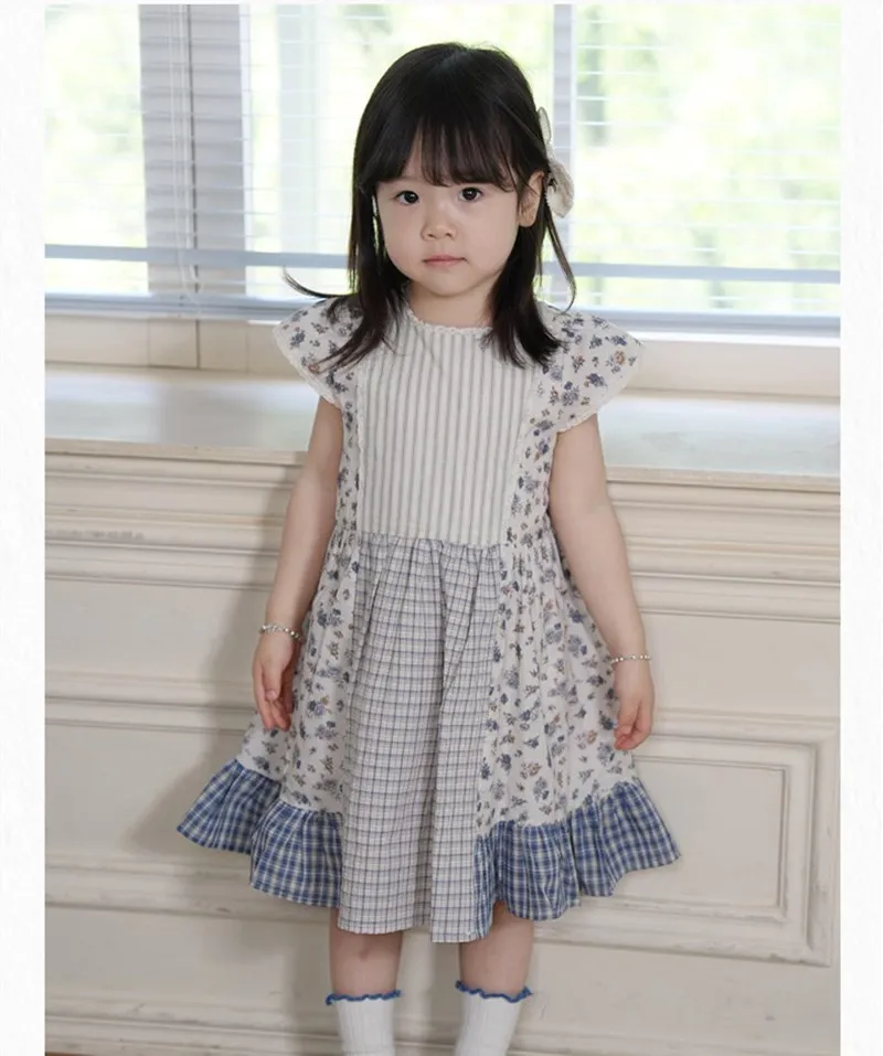 

kids girls clothes baby summer dresses cotton Countryside style floral pattern patchwork flying sleeve dress
