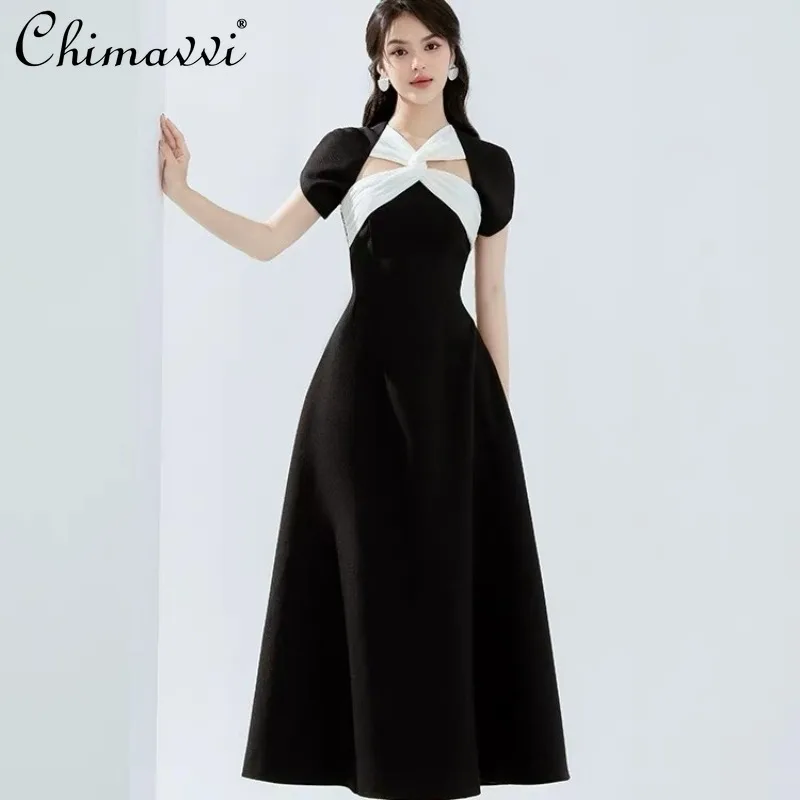 

Vietnamese Niche Design Sense Spring Summer New Black White Contrasting Colors Short Sleeves Waist Thin Big Pendulum Dress Women