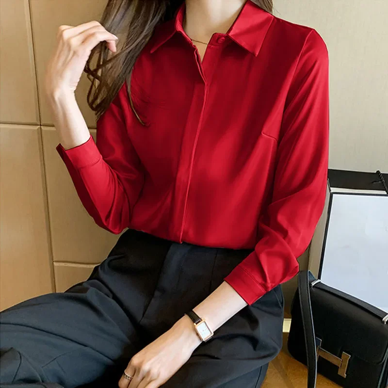 2024 Autumn New Satin Long Sleeves Turn Down Collar Korean Version Champagne Color Chiffon Shirt Blouse Women Tops Camisas C06