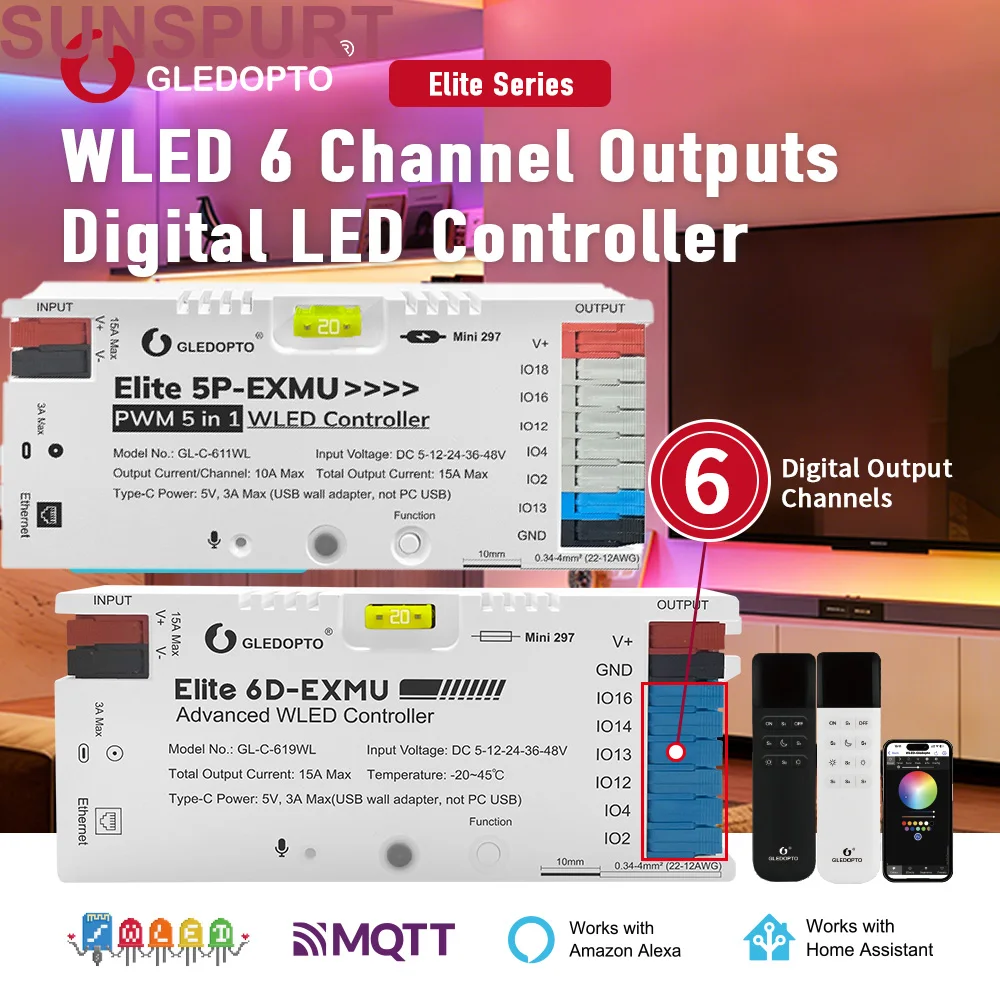 GLEDOPTO ESP32 WLED LED Controller GL-C-619/611WL PWM 6 Outputs Ethernet Microphone UART for WS281X SK6812 Addressable LED Strip
