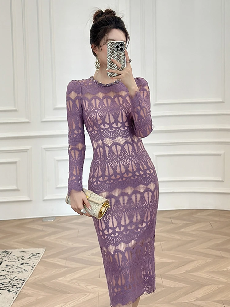 Women's Elegant Romantic Party Dress Lady Chic Sheer Lace Hook Flower Hollow Colored Diamond Neckline Robe Femme Prom Vestidos