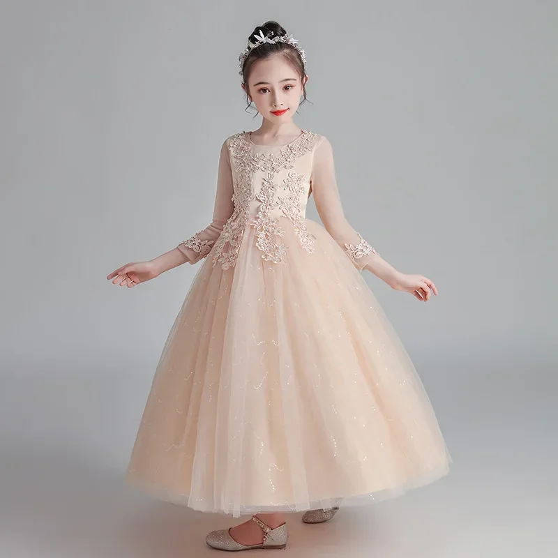 Youth Girl's Teenagers Elegant Concert Performance Dress Women Ceremonial Long White Autumn Children 10 To 12 Years Old Clothes