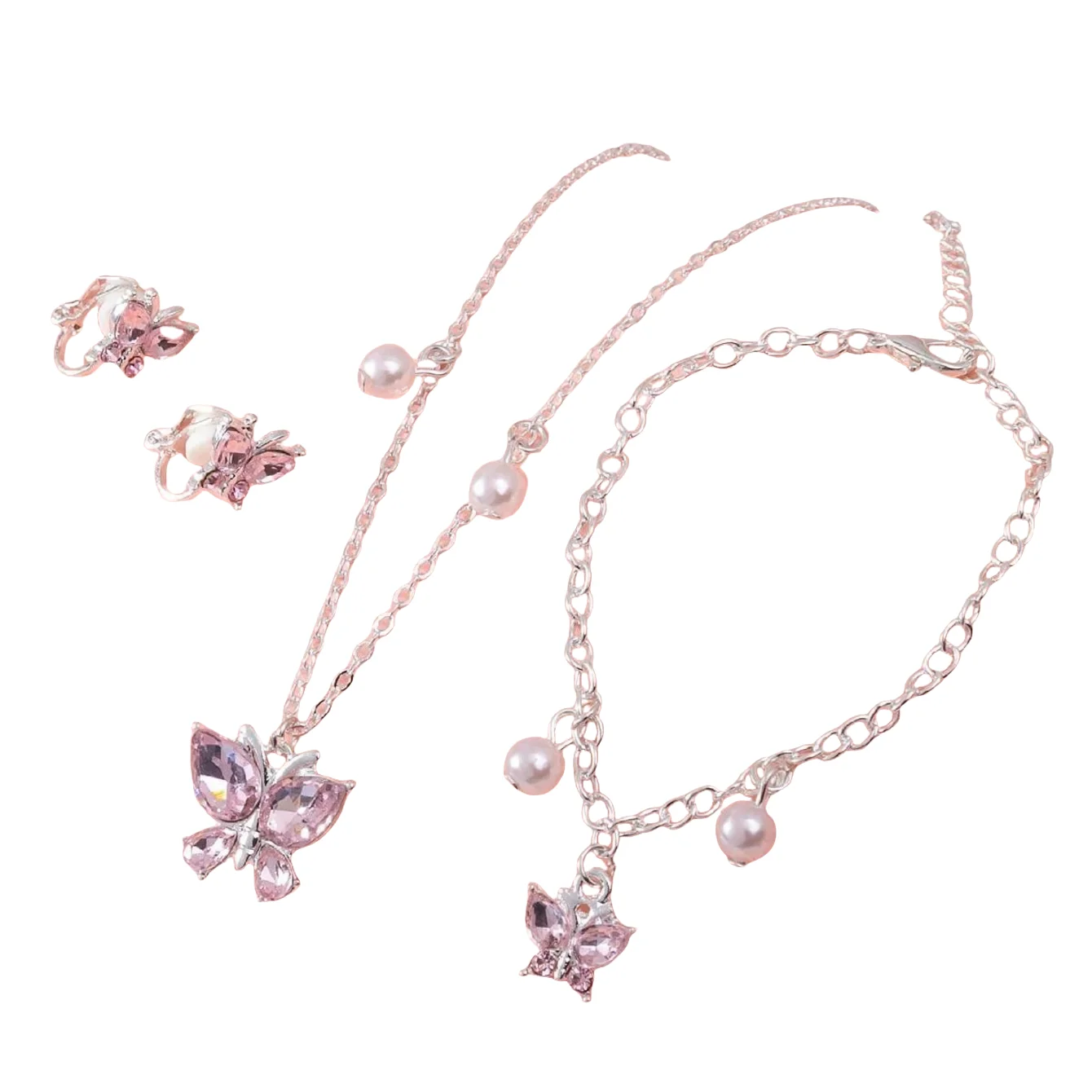 European and American pink purple simple generous butterfly necklace ear clip bracelet 3 pieces girl children\'s jewelry