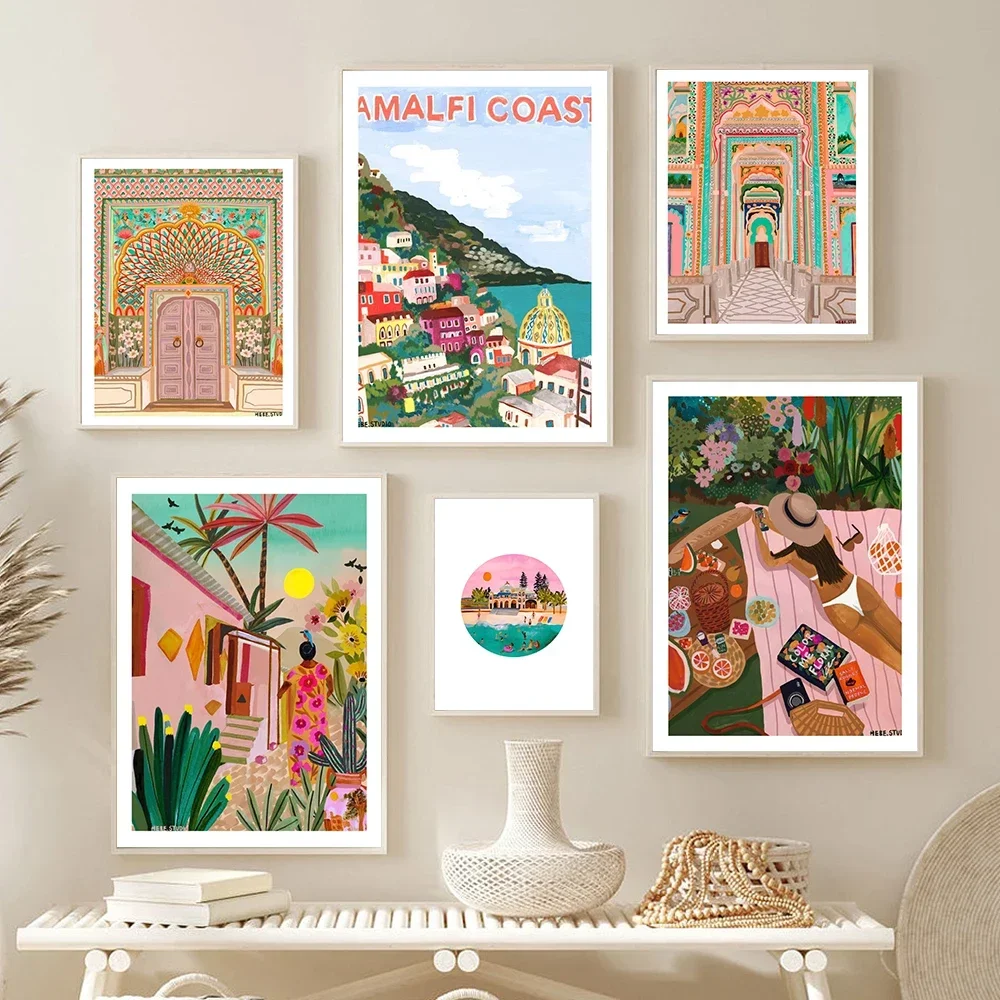 Moroccan Pink Lotus Gate Palm Building Wall Art Poster Nordic Sunset Swimmers PrintCanvas  Painting Mosque Decorative Picture