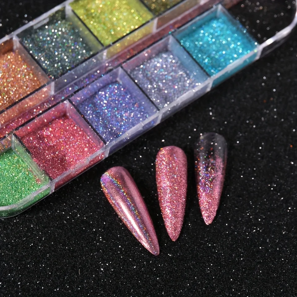 Set de polvo holográfico plateado, rub negro, rosa, cromo, brillantina láser para uñas, manicura DIY 4