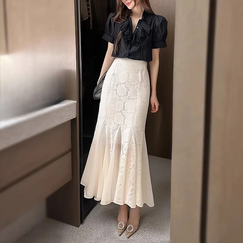 2026 Spring Fall Women High Waisted Ruffles Chiffon Patchwork Black Beige Lace Skirt , Woman Elegant Slim Mermaid Skirts