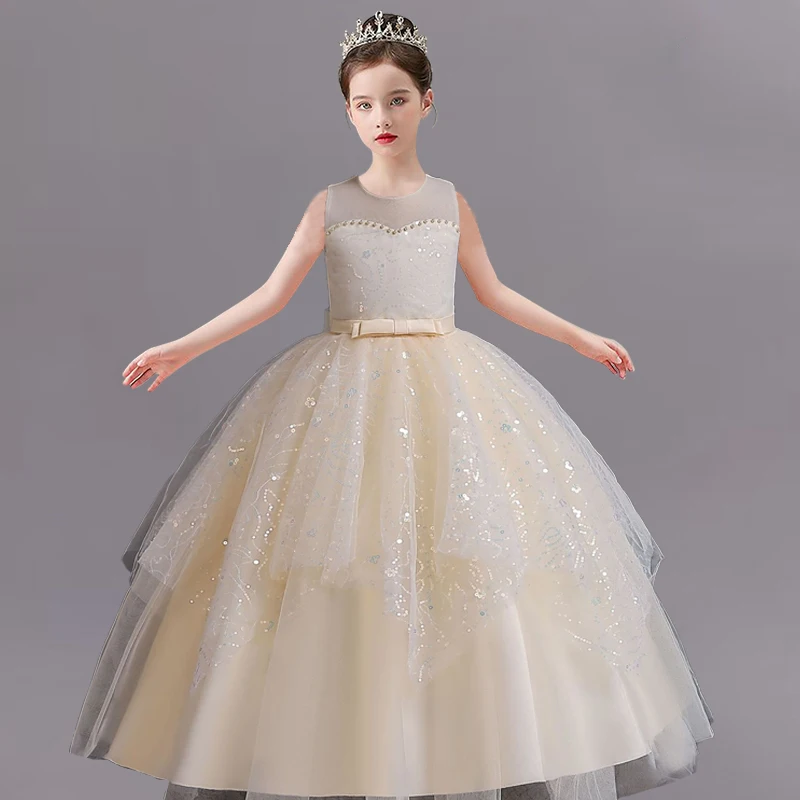 New Girls\' Pearl Sequin Princess Dress 4-12 Years Old Bow Long Puffy Dress Banquet Host High end Flower Girl Evening Dress