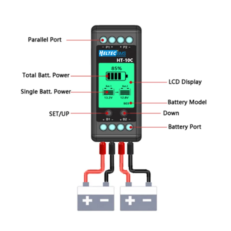 Heltec Battery Equalizer LCD Batteries Voltage Balance Lead Acid Battery Connected Parallel Series for 12V/ 24/36/48V/96V HT-10C