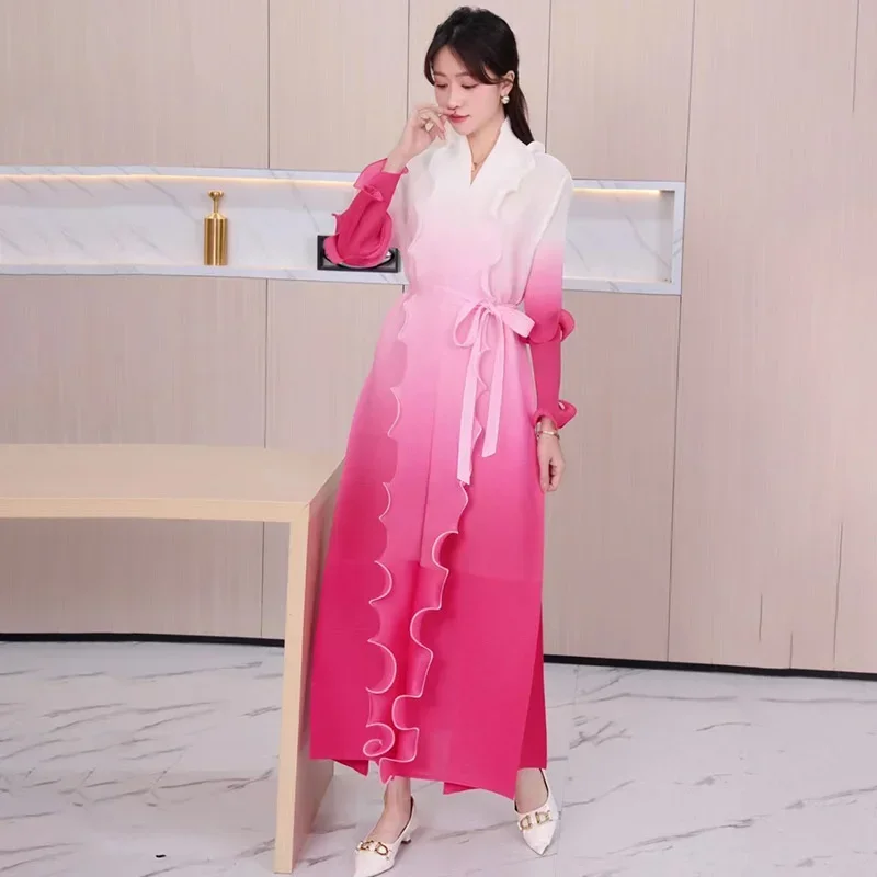 Miyake Pleated Gradual Color Change Wood Ear Edge Long Sleeve Elegant Dress Women's Print Maxi Dress Temperament Plaid Skirt