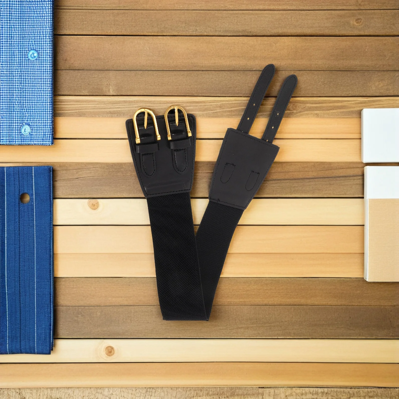 Breiter elastischer Taillengürtel für Damen mit doppelter Schnalle, stilvolles Vintage-Design, Stretch, verstellbar, für Kleid, Jeans, Hosen, Modeaccessoire