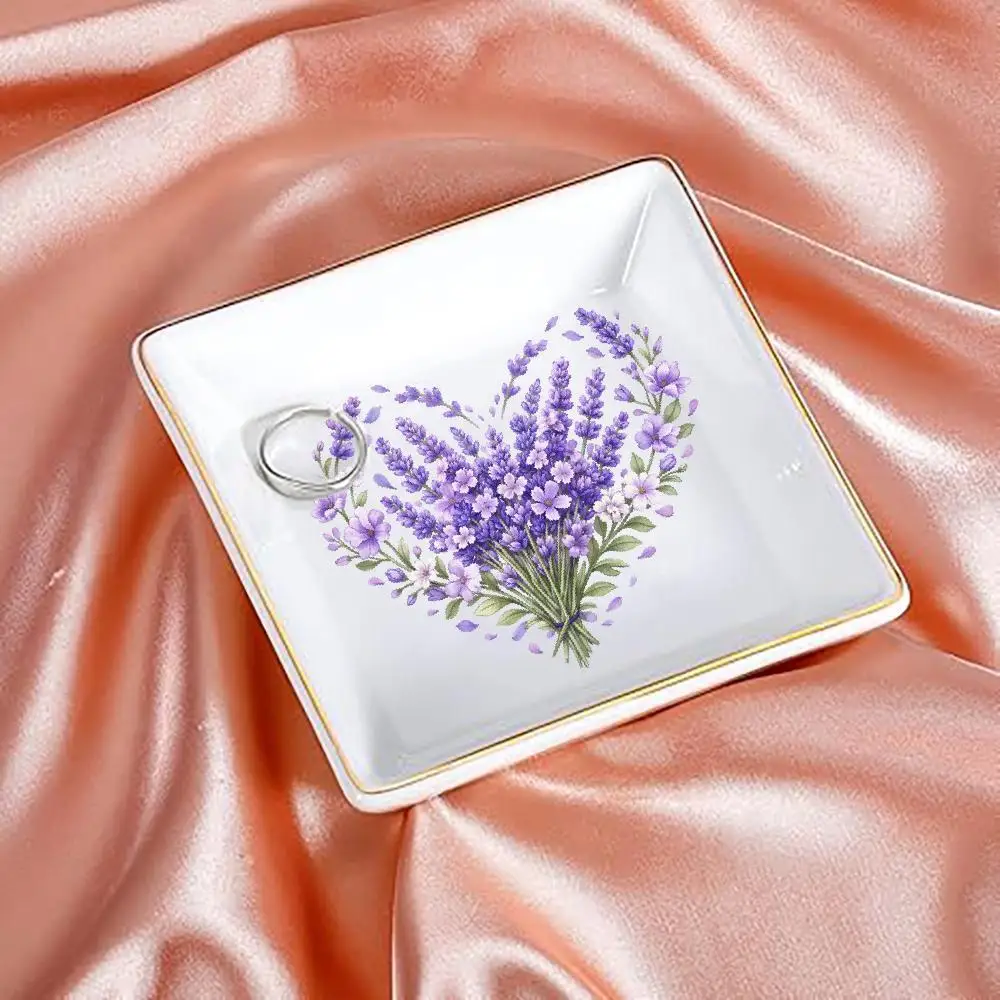 Jewelry Trays Lavender Bouquet & Purple Blossoms Ceramic Square Jewelry Dish, Watercolor Botanical Design with Scattered Petals,