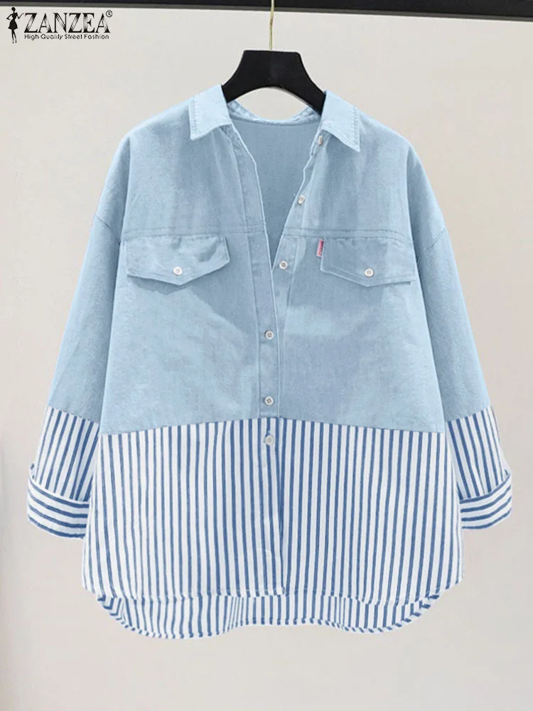 ZANZEA 2024 Oversized Summer Buttons Tunics Women Fashion Shirts Casual Patchwork Plaid Tops Office Lady Long Sleeve Blusas