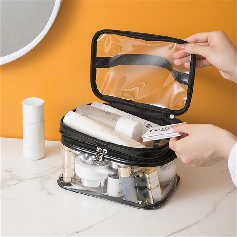 Double Layer Transparent Cosmetic Bag PVC Large Capacity Zipper Beauty Makeup Wash Case Travel Toiletry Kits Organizer for Women