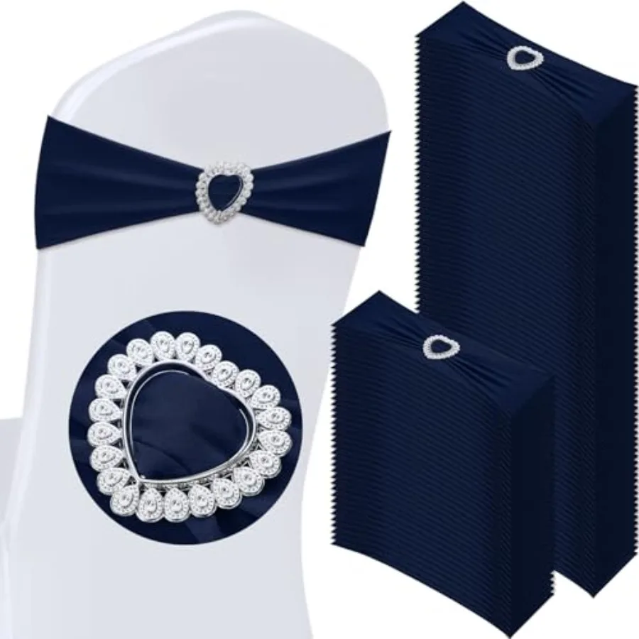 

100 Pcs Spandex Chair Sashes with Heart Shaped Buckle Slider Stretch Chair Cover Band Universal Elastic Ties for Wedding Banque