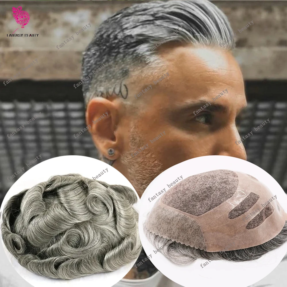 

Серый мужской парик, прочный NPU Bond, мужской реалистичный протез из человеческих волос, капиллярная система, естественная линия волос, удобный тонкий моно
