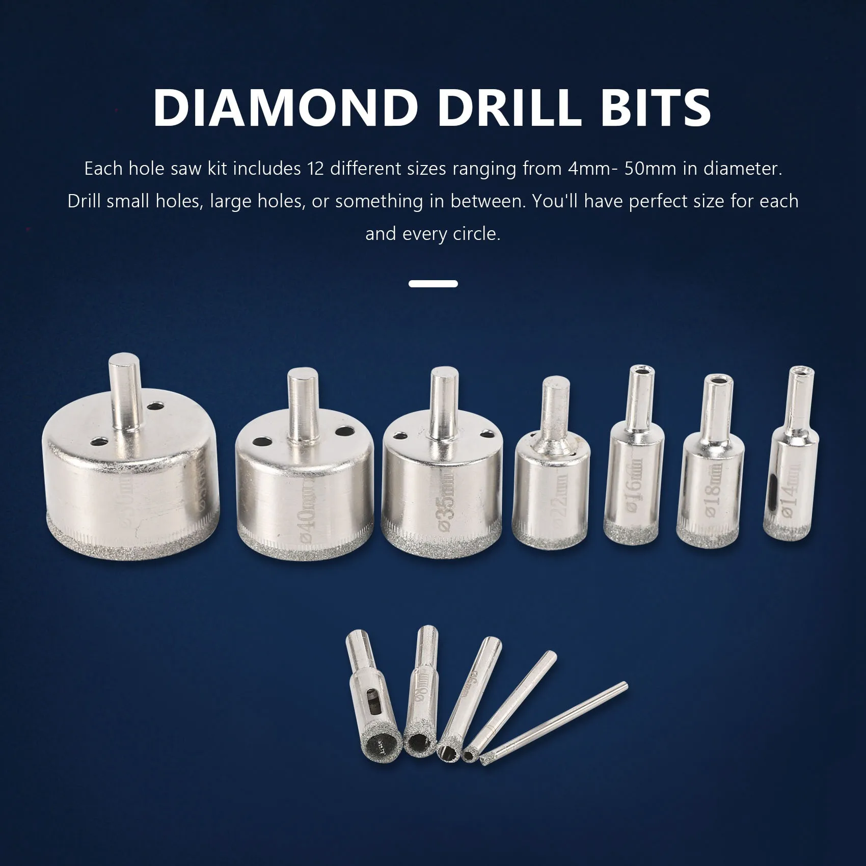 Easy Use 12Pcs Diamond Drill Bits Glass Tile Hole Saw Bits Set, Hollow Core Drill Bits, Extractor Remover Hole Saws For Glass, C