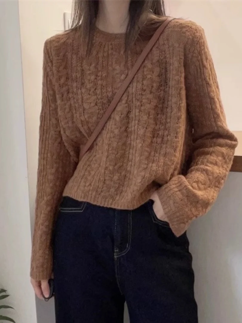 핑크 스웨터 여성용 라운드 넥 니트 탑 부드러운 레이지 스타일 이너웨어 베이스 셔츠 가을 겨울 신상 출퇴근룩...