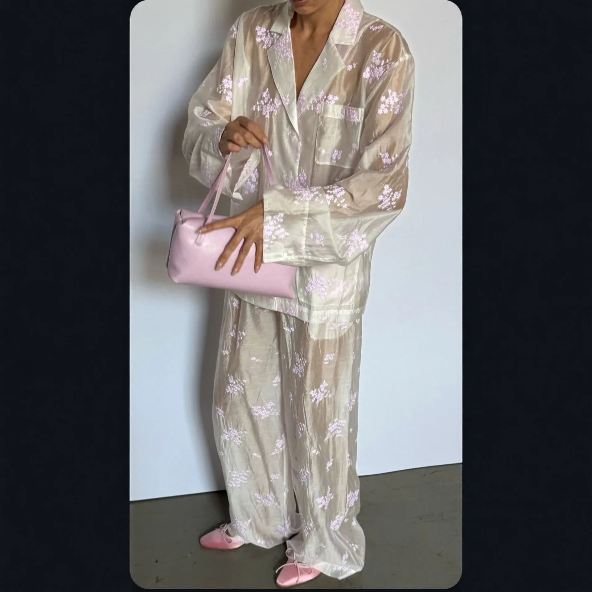 

Loungewear Women Fashion See Through Pant Set Lapel Full Sleeve Loose Blouse Women's Suit Lady New Street Spring 2 Pieces Sets