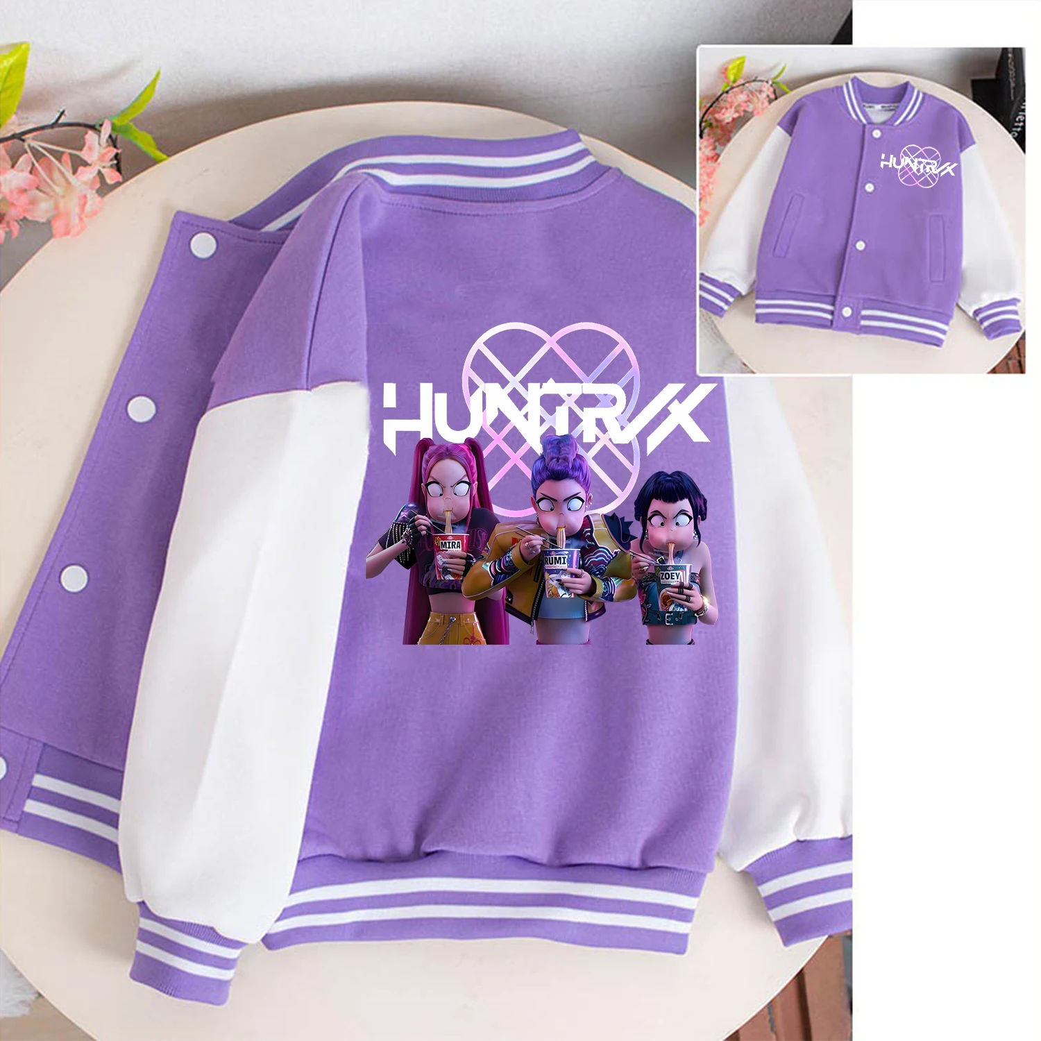 Kpop Demon Hunters Baseball Uniform dla dzieci Kawaii Cartoon Coat Purple Jacket Fashion Anime Clothes Kids Long Sleeves Gift