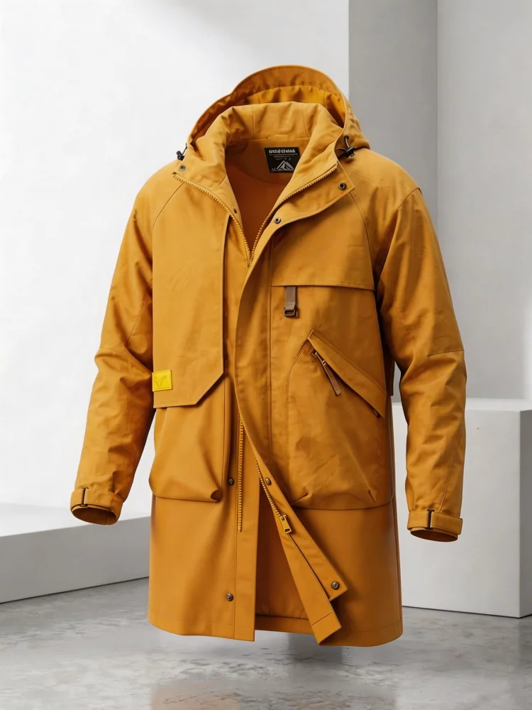 Men's Mid-Length Hooded Windproof Waterproof Jacket Autumn Outdoor High-Density Tear-Resistant Workwear with Multiple Pockets Ad