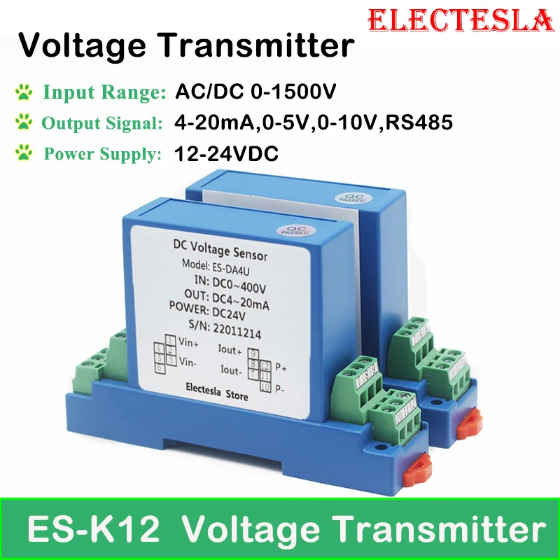 DC Voltage Transmitter Transducer 220V 380V 465V Input Voltage Sensor 4-20mA 0-5V 0-10V RS485 Output DC24V Power Supply