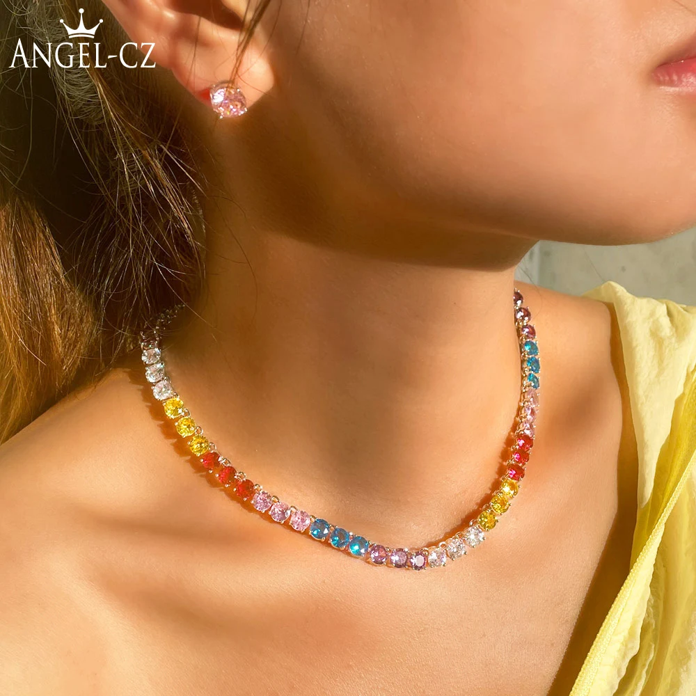 

ANGELCZ Bling Fashion CZ Stone Daily Party Jewelry Pave Round Rainbow Crystal Simple Choker Necklace Earrings Set for Lady AJ212