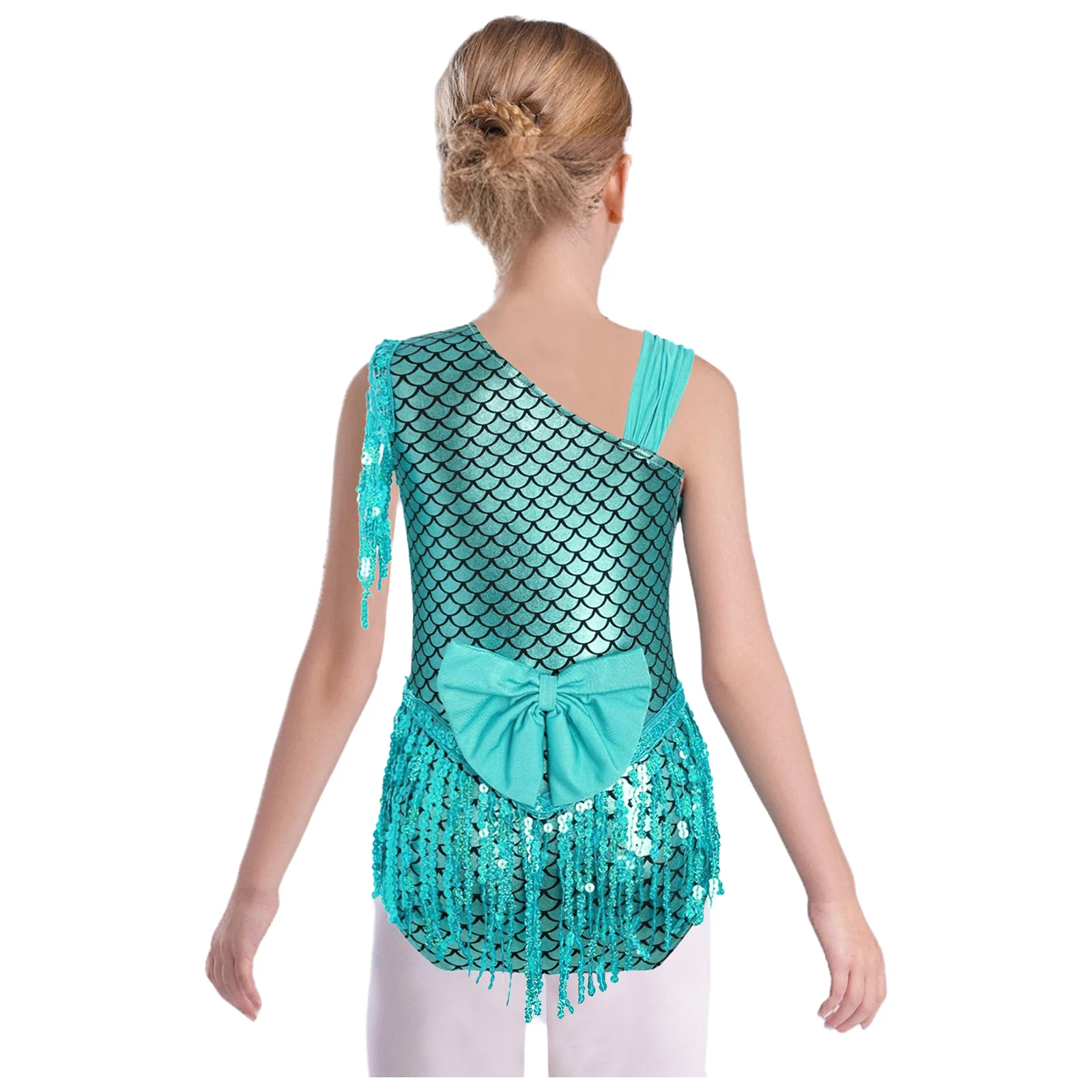 Girls Metallic Fish Scale Gymnastic Leotards Jumpsuit Mermaid Dance Leotard Bowknot Sequins Tassels Bodysuit Halloween Costume