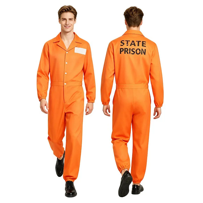 Combinaison de prisonnier orange pour adulte, manches longues, déguisement d'Halloween, costume de détenu unisexe, costume de cosplay de prisonnier pour femmes et hommes