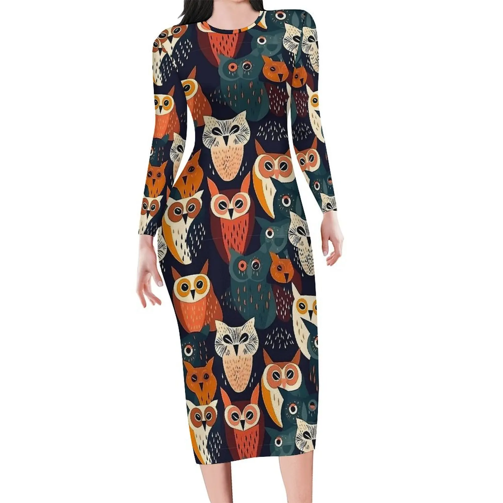 Artsy Bold Owl Bodycon Dress Holiday Animal Print Sexy Dresses Ladies Long Sleeve Custom Streetwear Dress Big Size 4XL 5XL