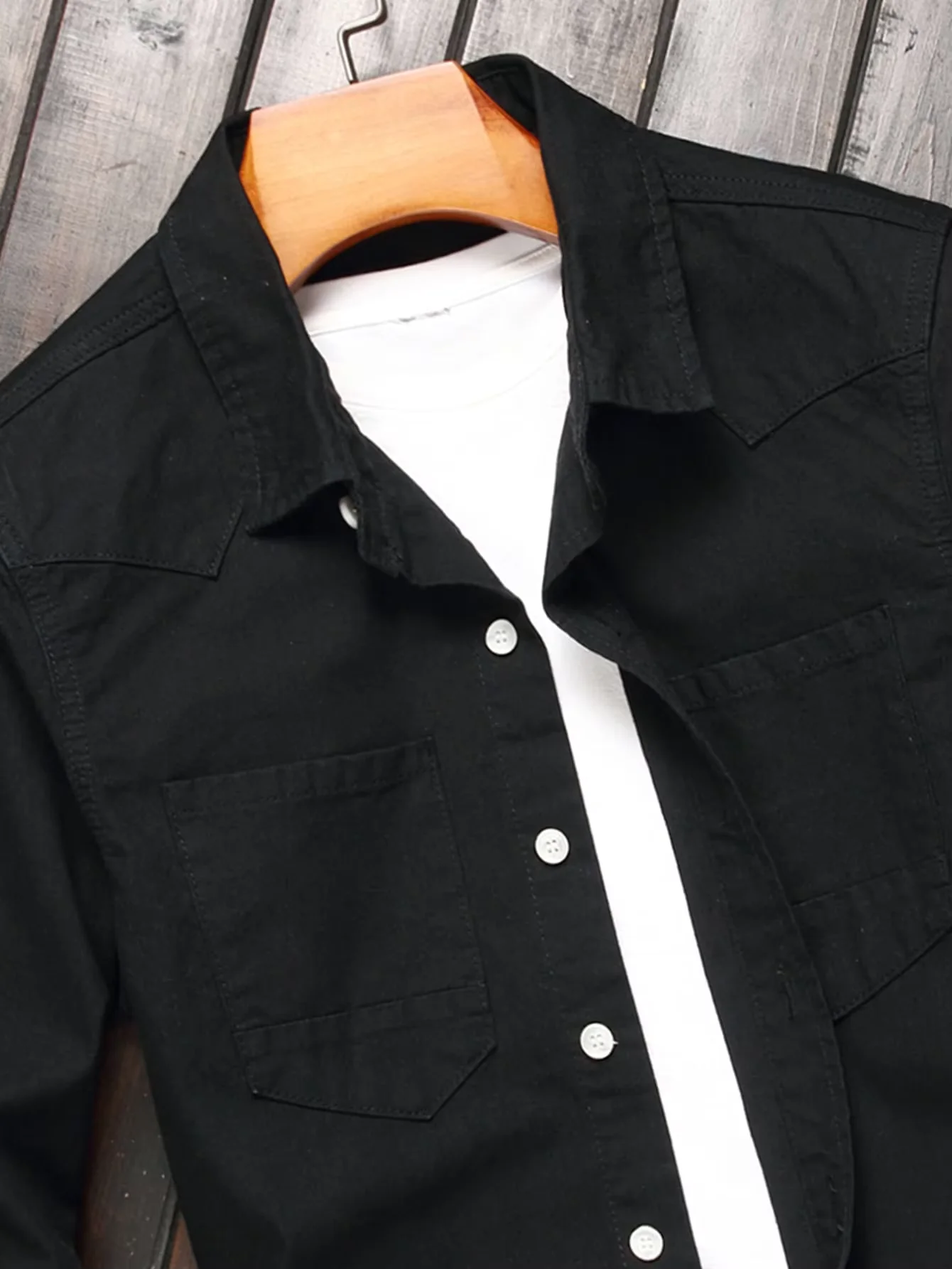 Men's Black Classic Western-Style Long Sleeve Casual Lapel Button Workwear Denim Shirt view 3
