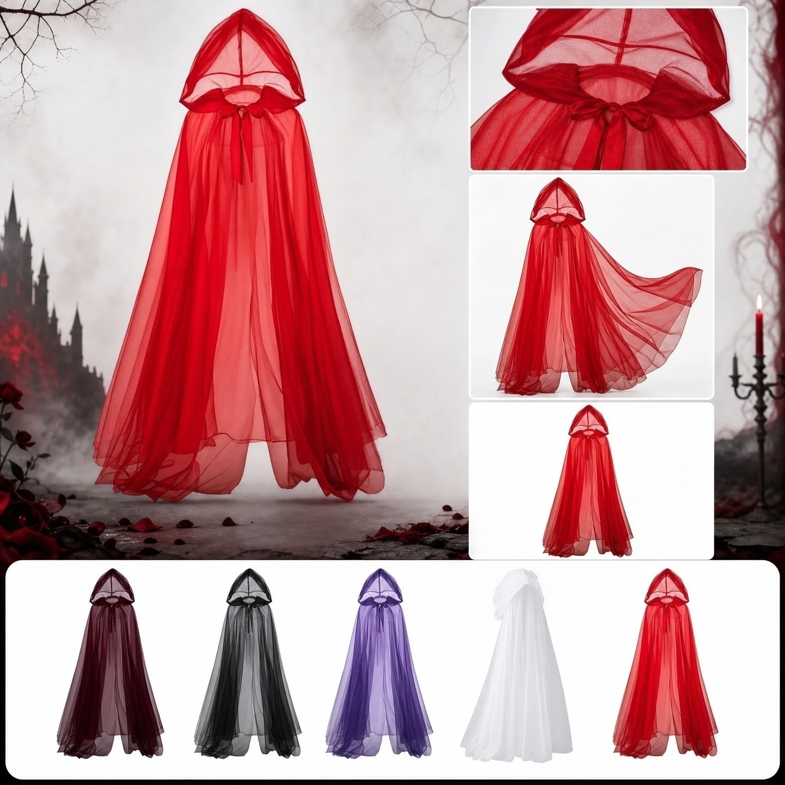 Halloween Hooded Mesh Cloak Witch Vampire Grim Reaper Costume Cape Gothic Cosplay Party Costume Accessories for Women Men