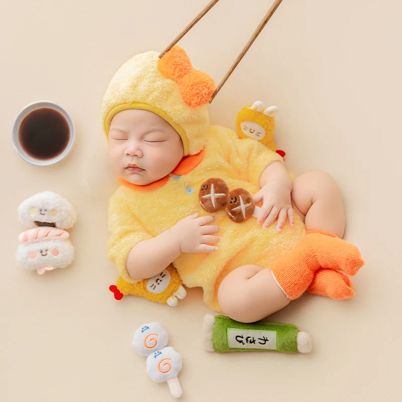 Creative Sushi Theme Newborn Photography Costume Warm Fleece Romper Hat Sushi Salmon Plush Toy Infant Photo Shooting Outfit