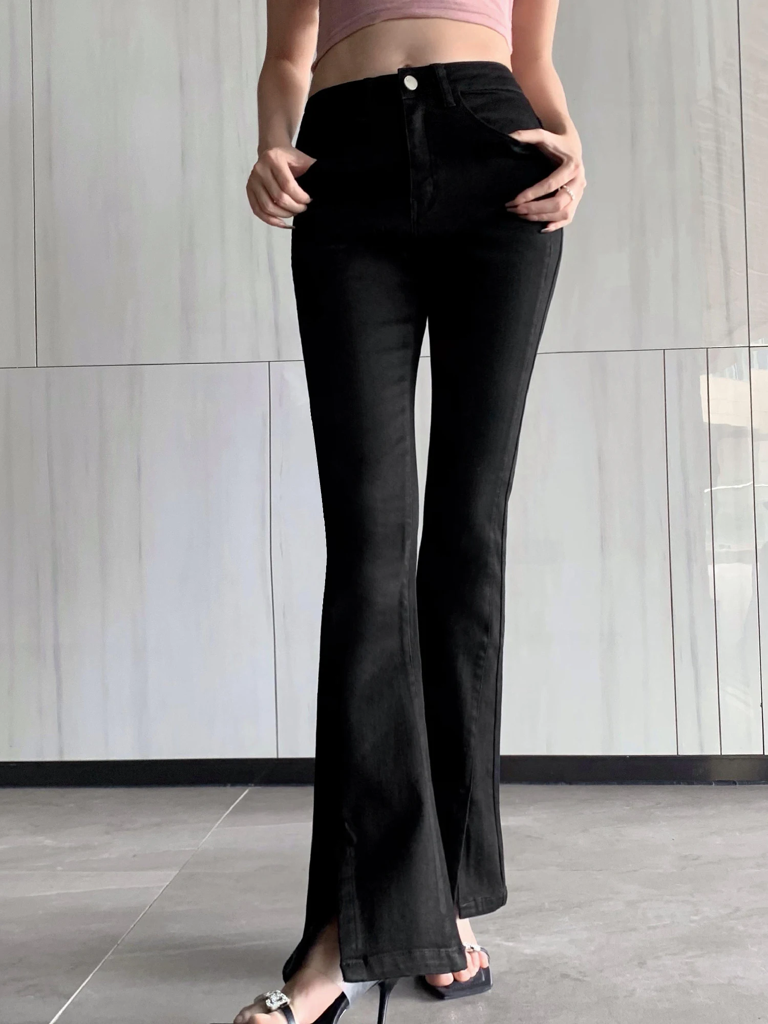 STREET WEAR KOREAN JEANS FOR WOMEN BLACK SLIM-FIT SPLIT PANTS Y2K WOMEN\'S NEW JEANS - FORGUNROSES