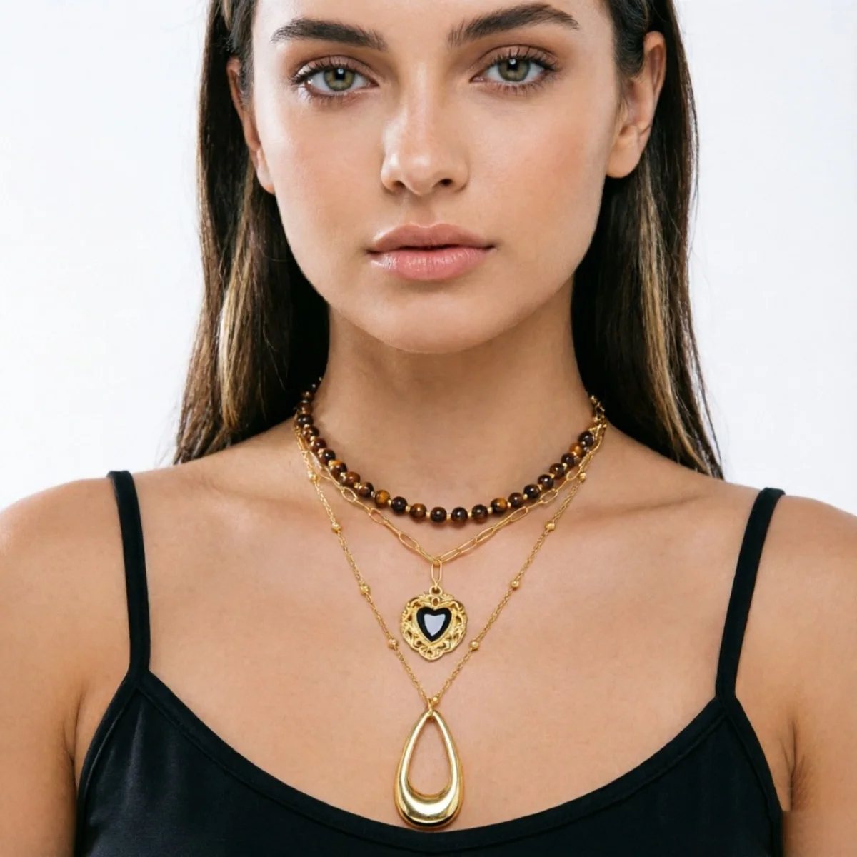 Retro Natürlicher Tigerauge-Stein Herz Hohler Wassertropfen Anhänger Halskette für Frauen Männer Mehrschichtige Tropfenform Stapelbare Choker-Schmuckstücke – Detail 19
