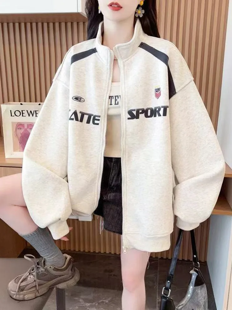 

Женская толстовка свободного кроя с американским принтом и надписями, весенне-осенняя, больших размеров, 300 Pou, с воротником-стойкой, повседневная, верхняя одежда