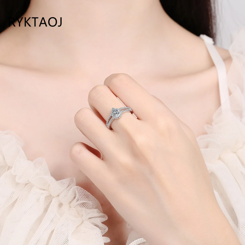 925 Sterling Silver Pear Cut Moissanite Ring for Women Halo CZ Double Split Band Adjustable Opening Wedding Fine Jewelry Gift