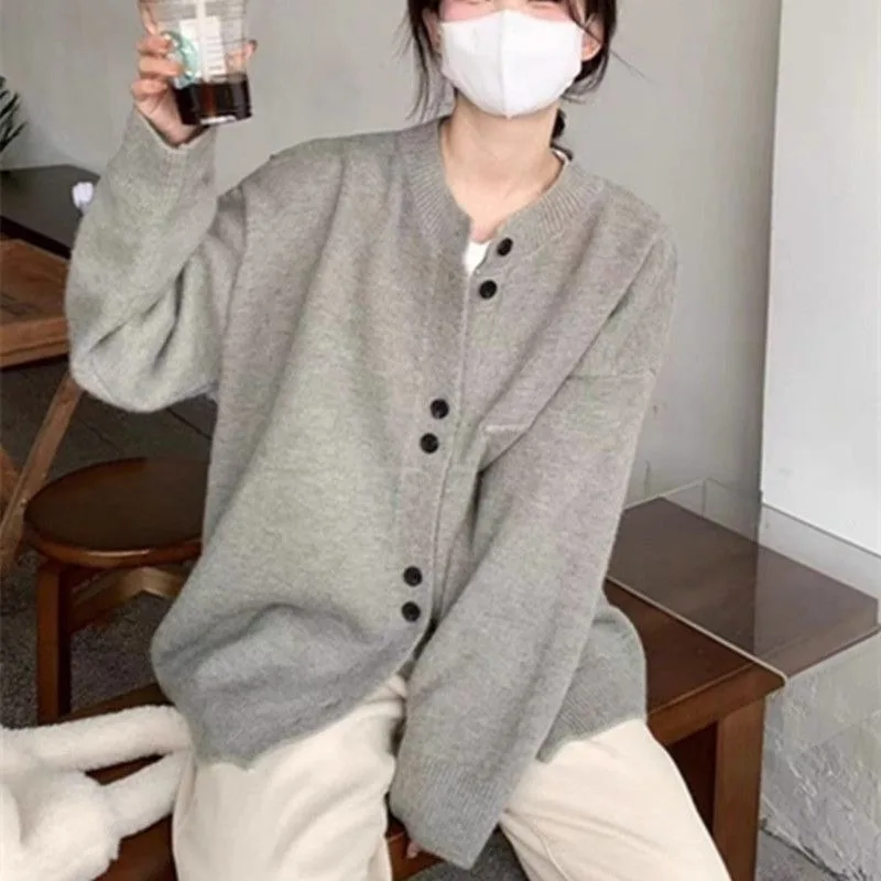 

Grey loose and lazy Japanese knit cardigan for women's spring and autumn soft and sticky sweater jacket top