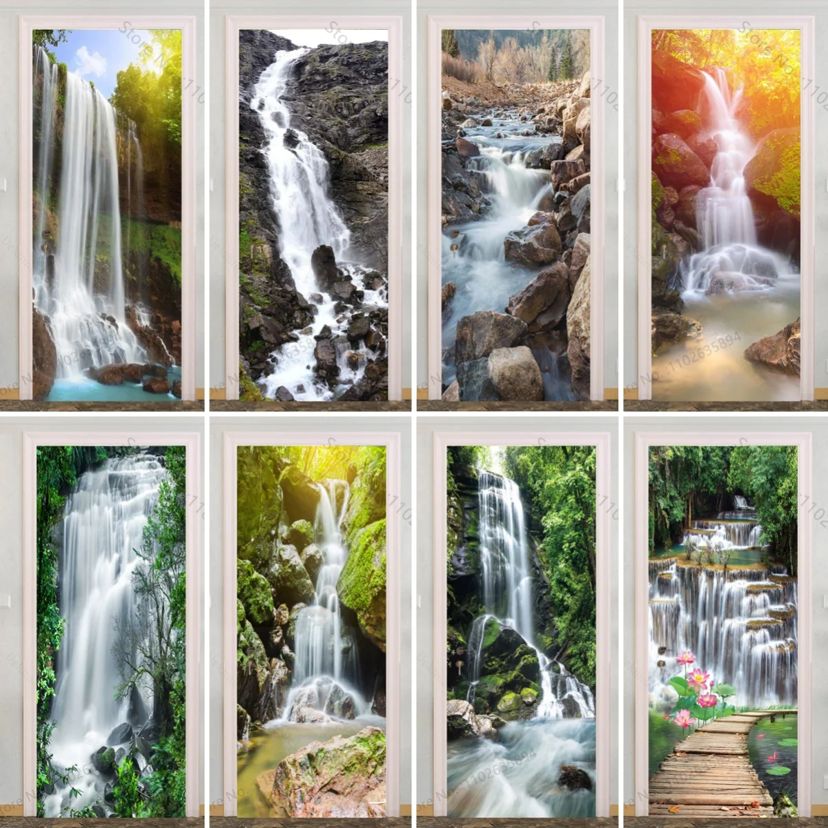 Natural Scenery Waterfall Mural 3D Door Styling Wall Art Fridge Self Adhesive Vinyl Stickers for Home Decoration Removable Decal