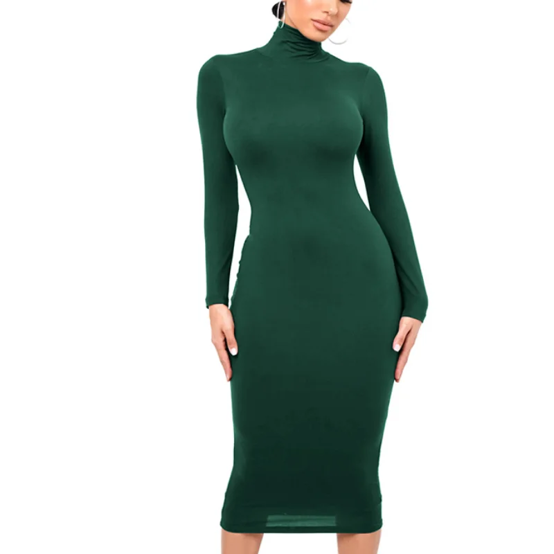 Winter Black Turtleneck Sexy Women Dress Autumn Long Sleeve Skinny Midi Boydcon Casual Blue Plush Knee-Length Party Club