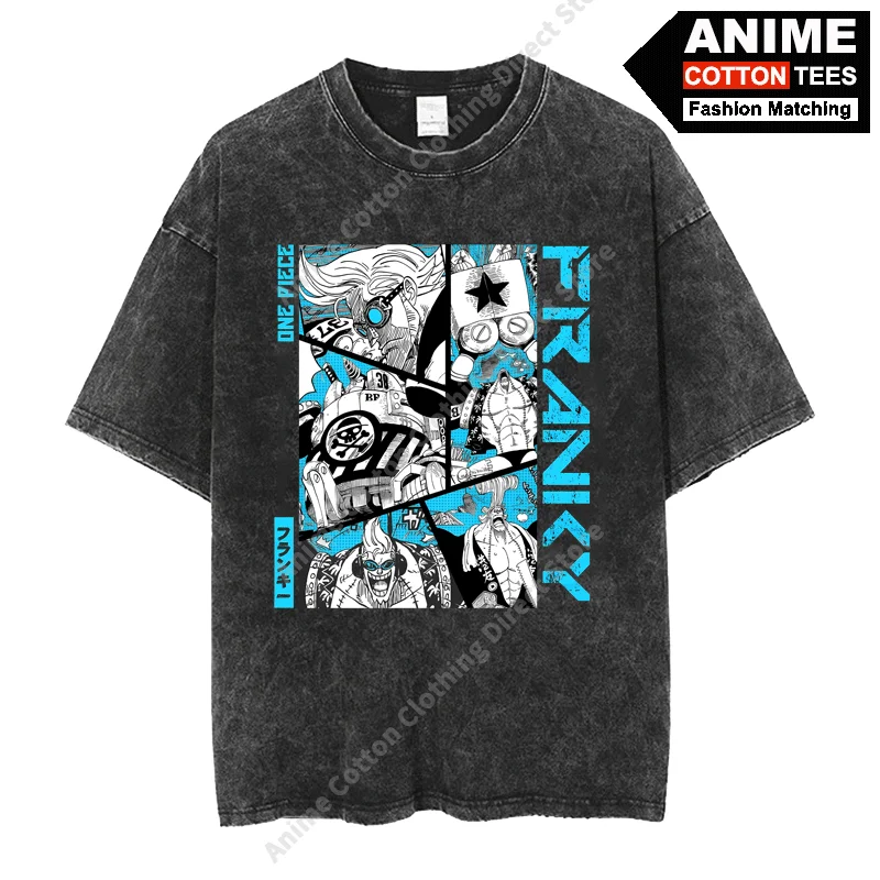 

Anime ONE PIECE - FRANKY Print T Shirt y2k Harajuku Hip Hop Street Men Women Short Sleeve Cotton Washed Vintage Loose Tees BLACK