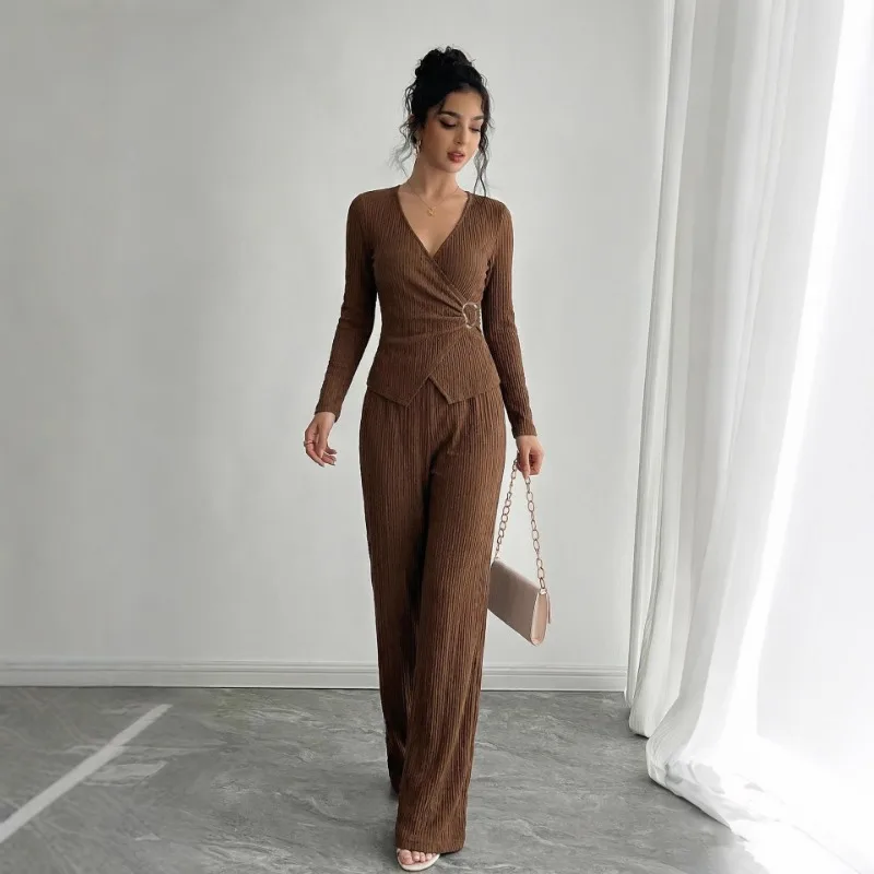 

Women's V Neck Ribbed Knit Two Piece Set Long Sleeve Wrap Top Wide Leg Pants Casual Loungewear Outfit