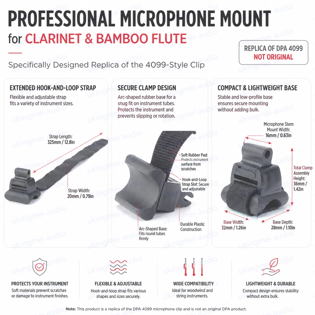 Adjustable DPA 4099 Microphone Clip for Clarinets Flutes & Bamboo Flutes Woodwind Secure Lightweight Flexible Replacement Clamp