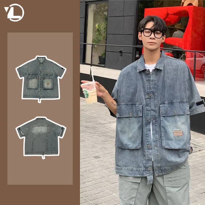 

American Retro Mens Denim Shirt Washed Multi Pockets Hip Hop Short Sleeved Cowboy Tooling Jackets High Street Trend Tops Summer